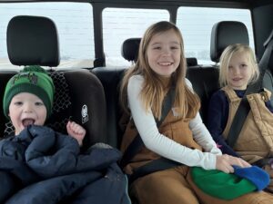 Three children sitting in the back of a car.